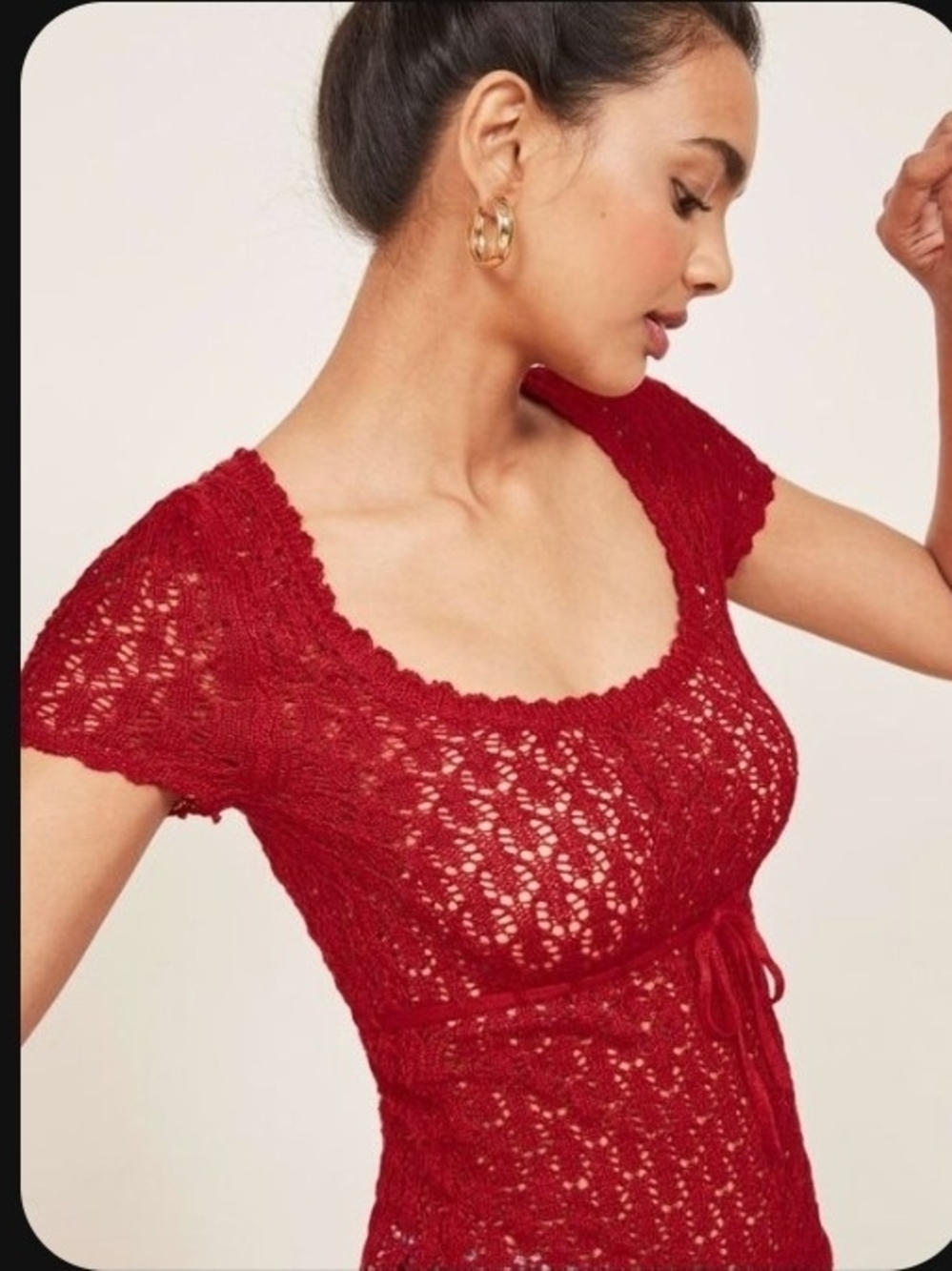 Reformation NWOT Red Crochet Scoop-Neck Polka Shirt In Lipstick
